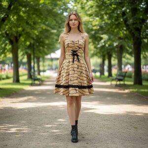 Rockabilly Dress Halter Fit & Flare Tan Black Musical Notes Tulle Petticoat